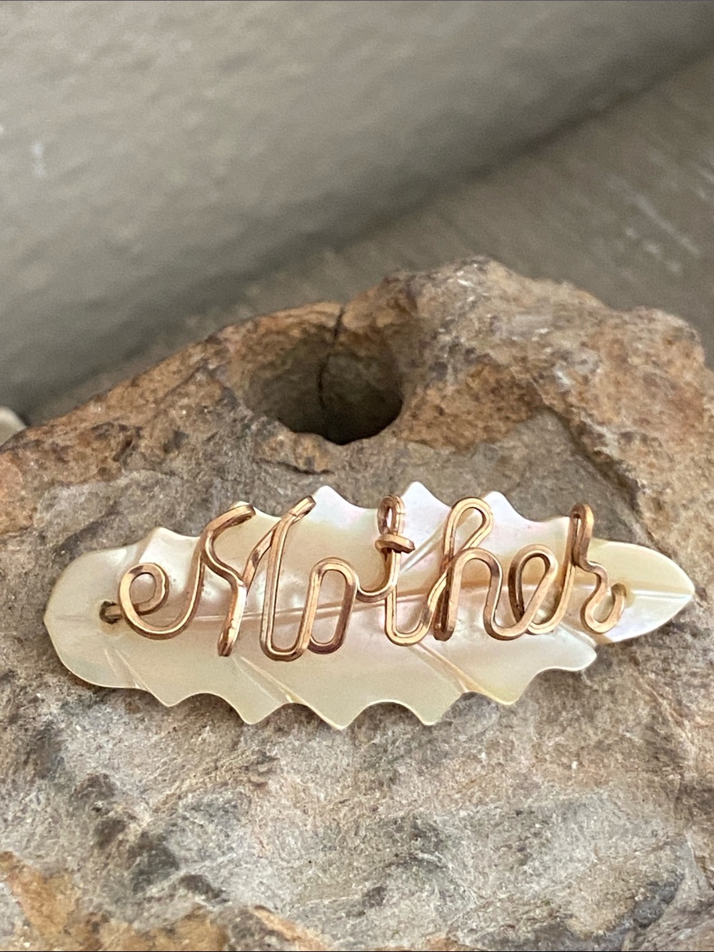 Vintage Handmade 50s Brass “MOTHER” on CARVED Mother of Pearl Leaf Broach